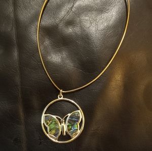 Silver vintage abalone butterfly necklace charm